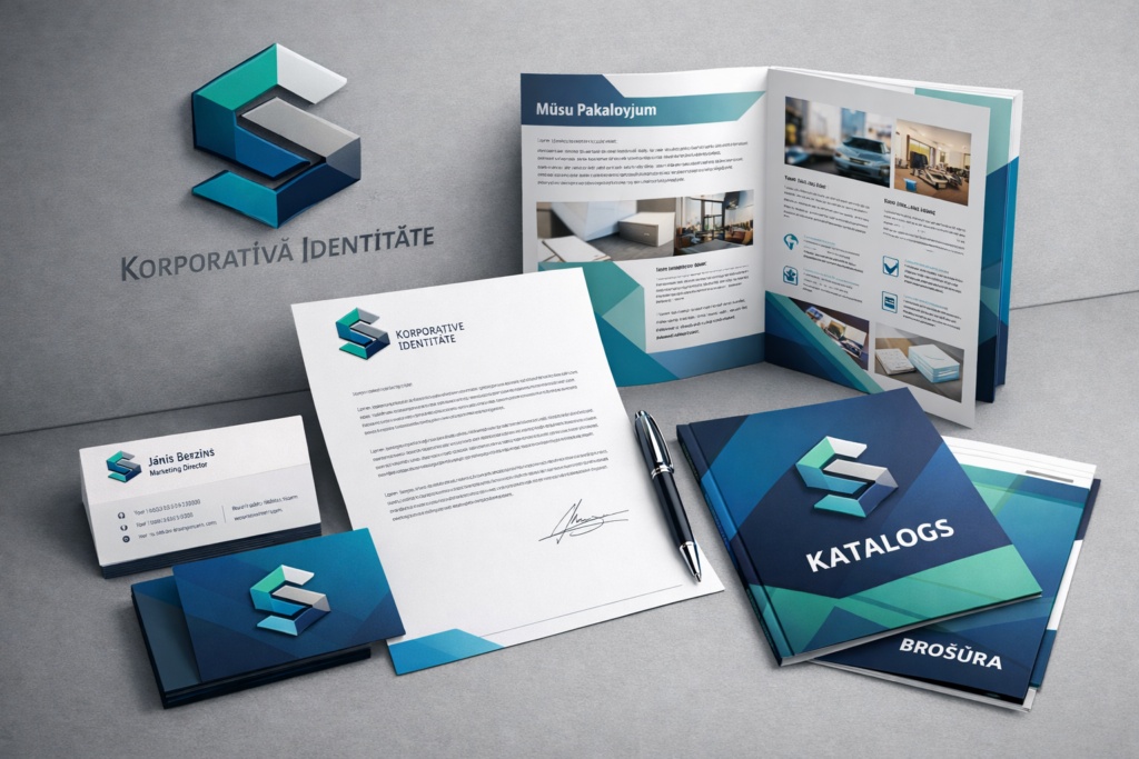 Korporatīva identitāte logotips vizītkartes veidlapas brošūras katalogi